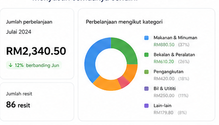 Dashboard ringkasan bulanan dengan jumlah perbelanjaan dan carta kategori