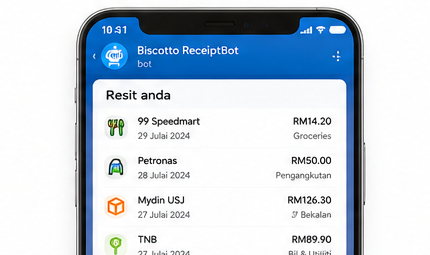 Senarai resit yang tersimpan dalam Biscotto ReceiptBot