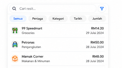 Carian dan penapis resit mengikut peniaga, kategori, tarikh dan jumlah