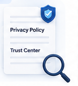 Dokumen Privacy Policy dan Trust Center dengan ikon kaca pembesar
